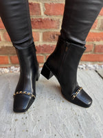 Black Chain Front Block Heel Boots